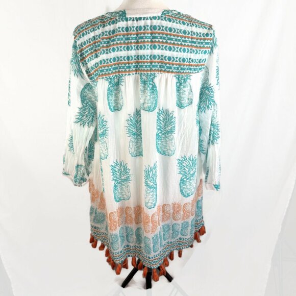 Crown & Ivy Womens Med Pineapple Shirt White with Green Pineapple Orange Fringe - Picture 7 of 9